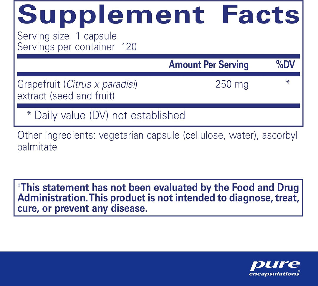 Pure Encapsulations Grapefruit Seed Extract digestive support vegan capsules, showing a bottle of dietary supplement capsules.