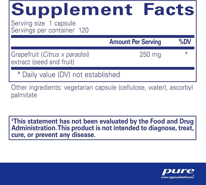 Pure Encapsulations Grapefruit Seed Extract digestive support vegan capsules, showing a bottle of dietary supplement capsules.