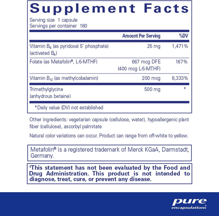 Pure Encapsulations Homocysteine Factors vegan digestive enzyme supplement capsules in a bottle.