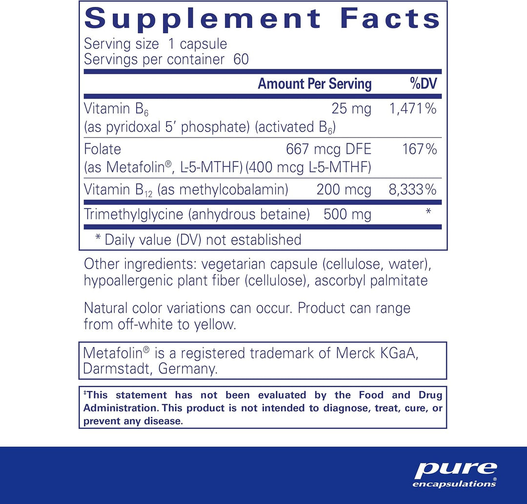 Pure Encapsulations Homocysteine Factors heart support vegan supplement bottle with 60 capsules, designed for digestive health.