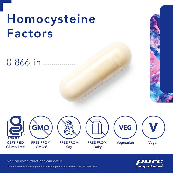 Pure Encapsulations Homocysteine Factors vegan supplement bottle with 60 capsules, designed for heart support and digestive health.