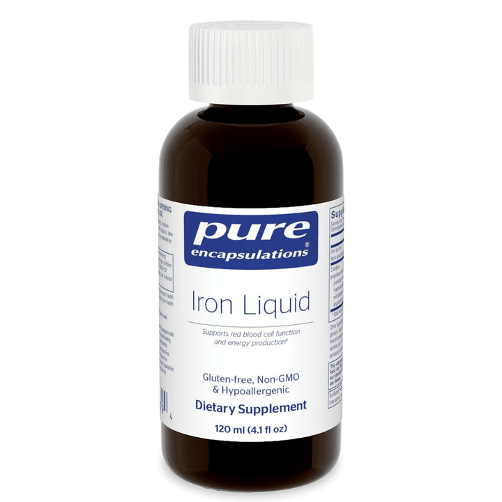 Pure Encapsulations Iron Liquid supplement in 4 oz bottle with blueberry flavor, supports iron levels and digestive health.