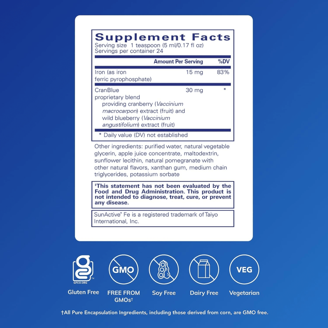 Pure Encapsulations Iron Liquid supplement in 4 oz blue packaging, supports iron levels with a blueberry flavor, digestive enzyme blend.