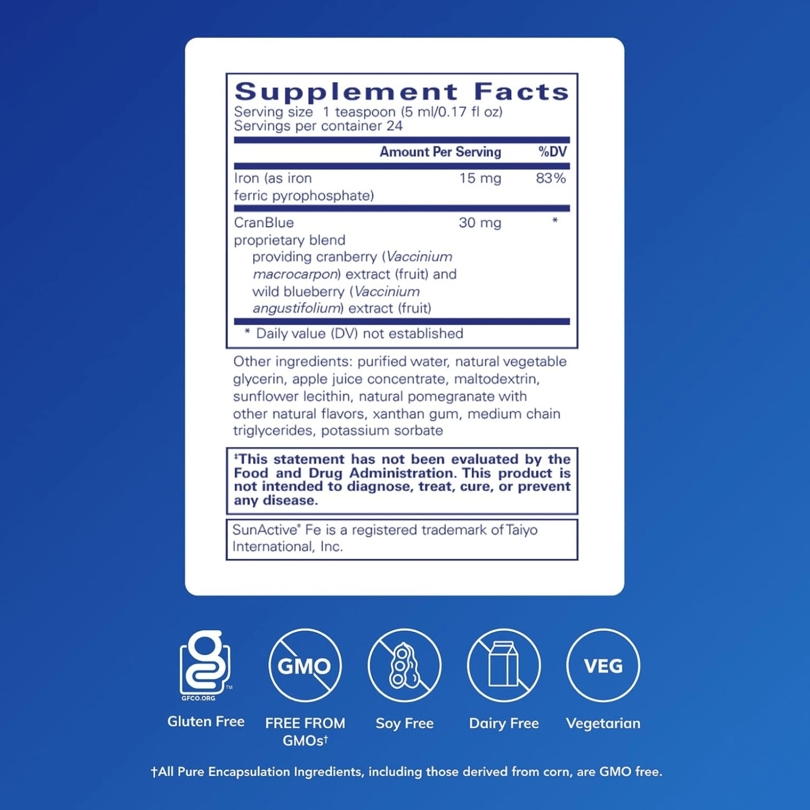 Pure Encapsulations Iron Liquid supplement in 4 oz blue packaging, supports iron levels with a blueberry flavor, digestive enzyme blend.