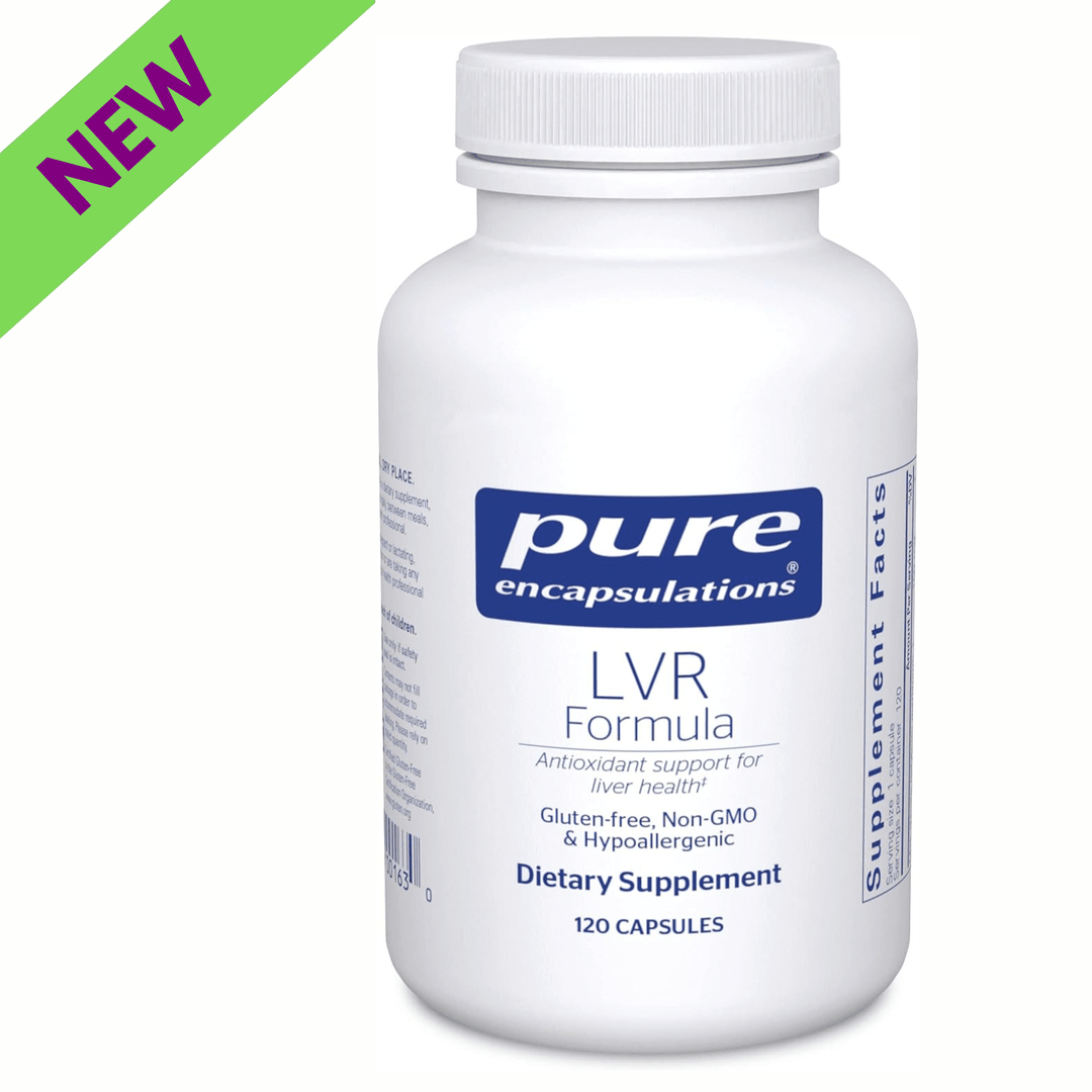 Pure Encapsulations LVR Formula supplement bottle with 120 capsules, supporting liver health and digestion.