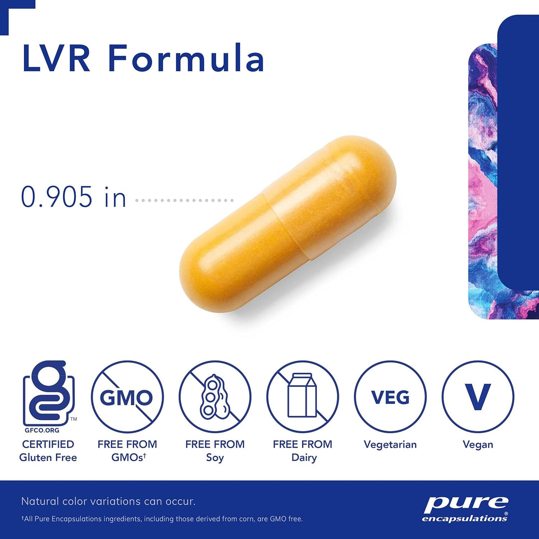 Pure Encapsulations LVR Formula digestive enzyme supplement in 120 capsules, supports liver health and digestive function.