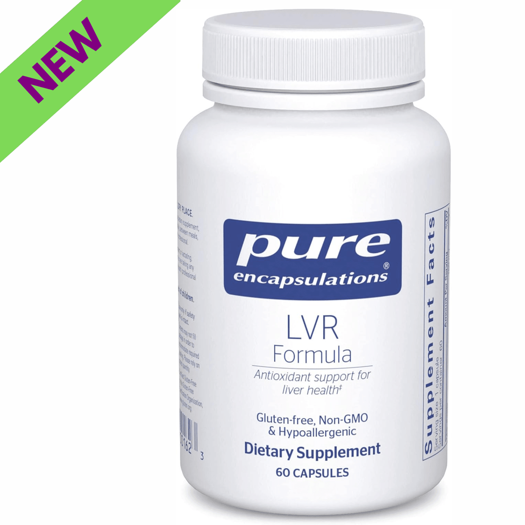 Pure Encapsulations LVR Formula digestive enzyme supplement in 60 capsules, supports liver health and digestion.