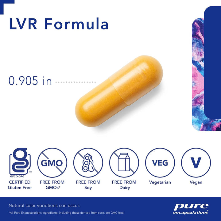 Pure Encapsulations LVR Formula digestive enzyme supplement in a bottle of 60 capsules, supports liver health and digestion.