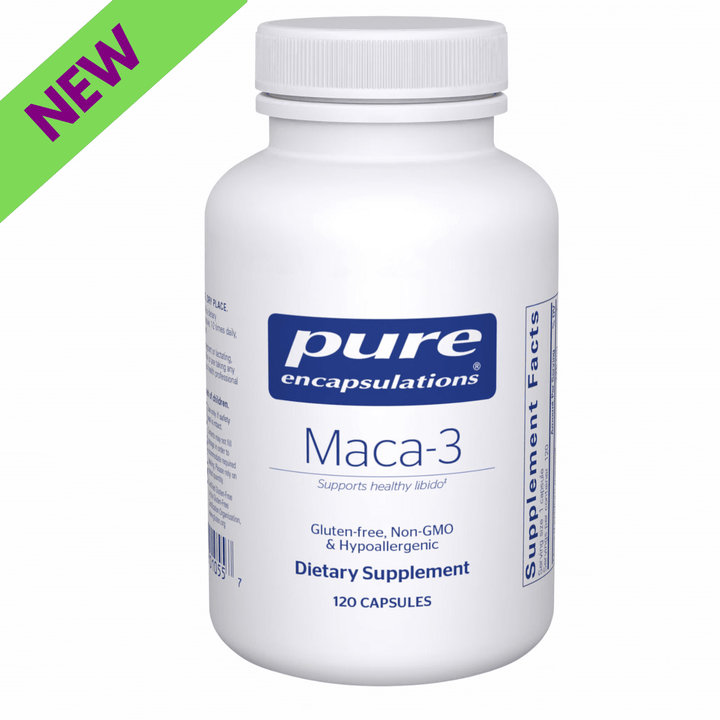 Pure Encapsulations Maca-3 supplement bottle with 120 capsules, supporting vitality and reproductive health naturally.