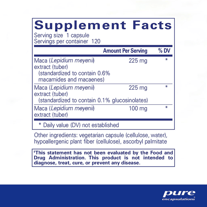 Bottle of Pure Encapsulations Maca-3 digestive enzyme supplement capsules for vitality and reproductive health.