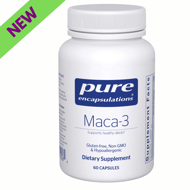 Pure Encapsulations Maca-3 supplement bottle with 60 capsules, supporting vitality and reproductive health.