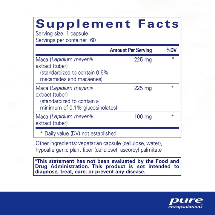 Pure Encapsulations Maca-3 digestive enzyme supplement in 60 capsules, supports vitality and reproductive health.