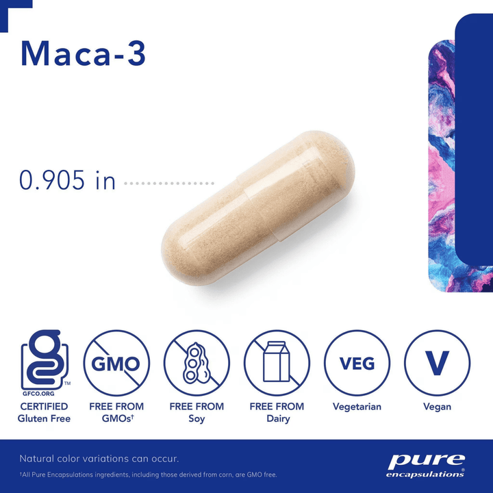 Pure Encapsulations Maca-3 supplement bottle showing 60 capsules, supports vitality and reproductive health with digestive enzymes.
