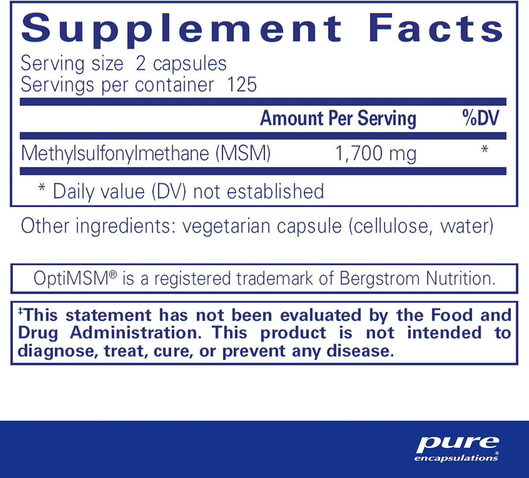 Pure Encapsulations MSM capsules for joint support, vegan formula, 250 capsules, dietary supplement with digestive enzymes