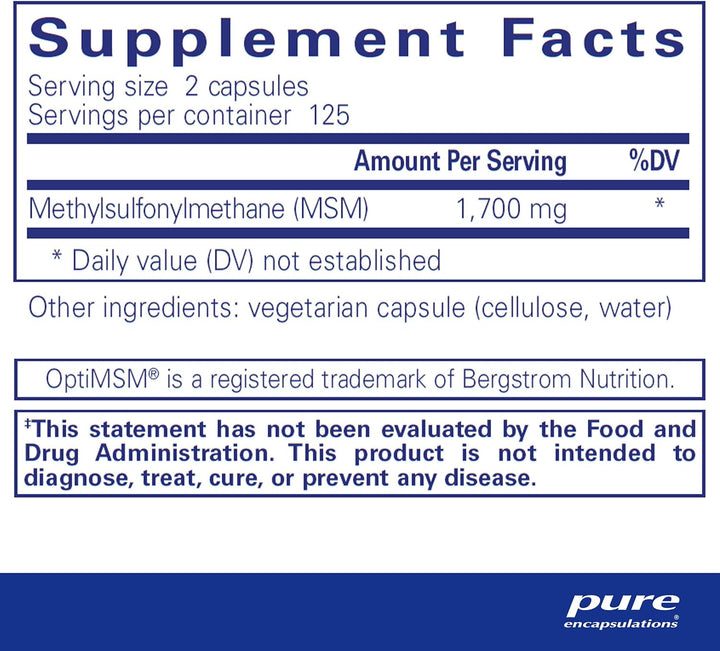 Pure Encapsulations MSM capsules for joint support, vegan formula, 250 capsules, dietary supplement with digestive enzymes