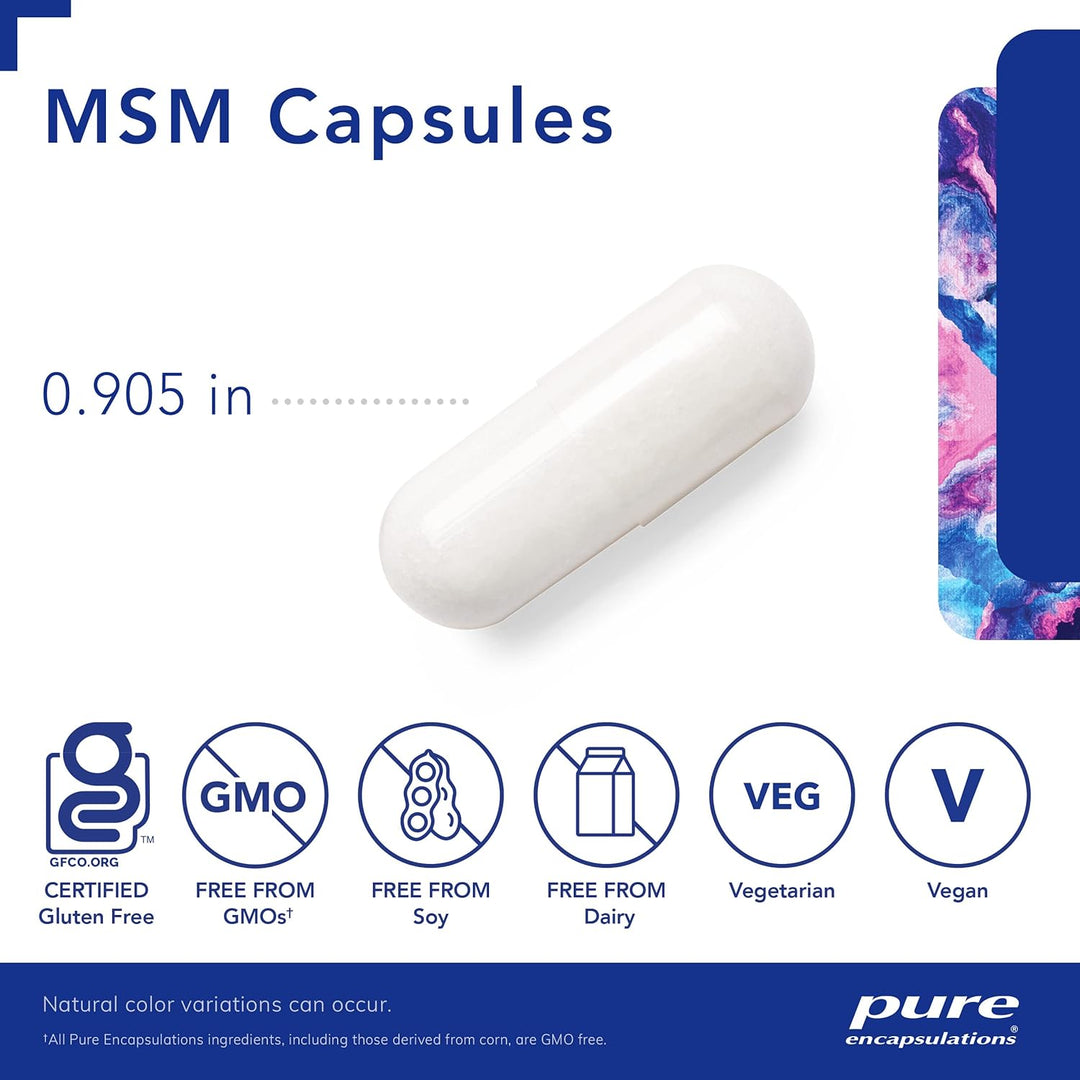 Pure Encapsulations MSM capsules for joint support, vegan formula, 250 capsules, dietary supplement with digestive enzyme blend.