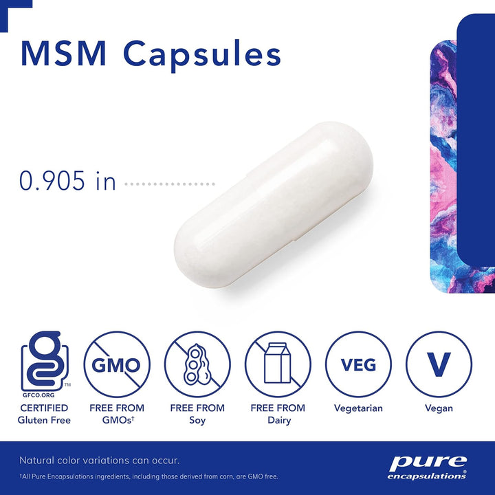 Pure Encapsulations MSM capsules for joint support, vegan formula, 250 capsules, dietary supplement with digestive enzyme blend.