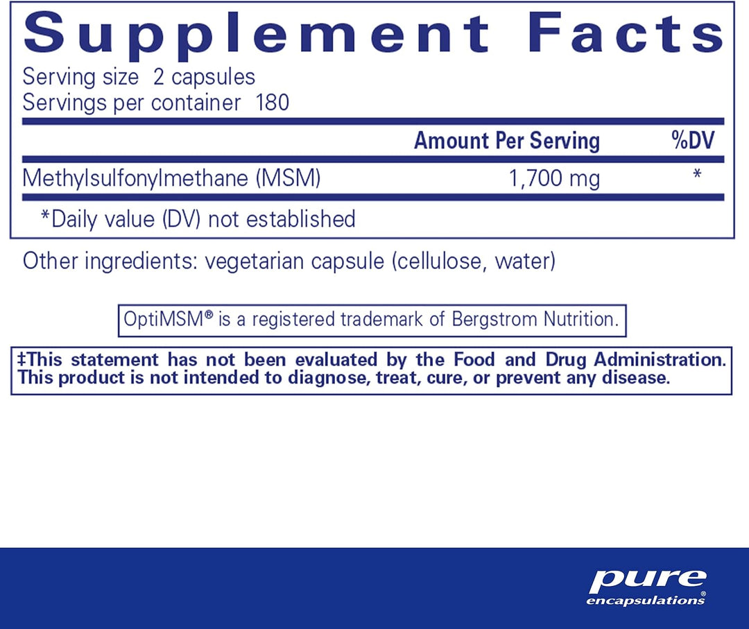Pure Encapsulations MSM capsules for joint support, vegan digestive enzyme supplement in a bottle of 360 capsules.