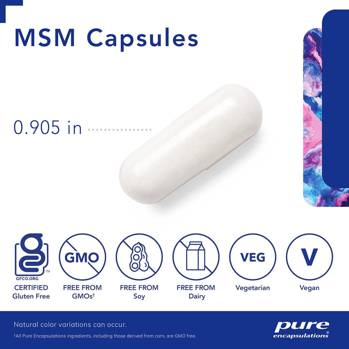 Pure Encapsulations MSM capsules, vegan joint support dietary supplement in a bottle of 360 capsules, designed for digestive health.