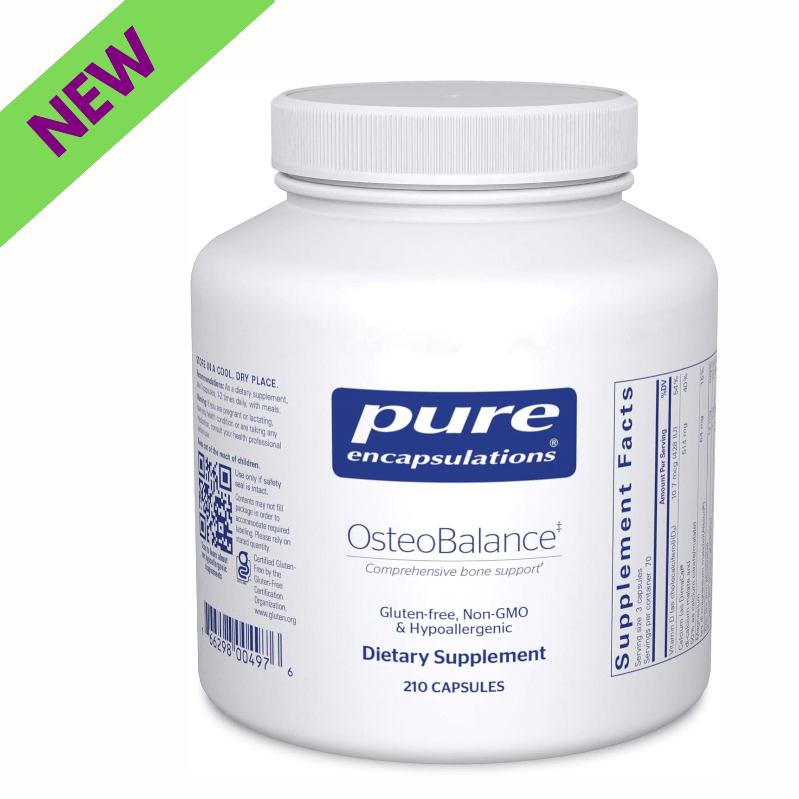 Bottle of Pure Encapsulations OsteoBalance vegan bone support supplement with 210 capsules, featuring digestive enzymes.