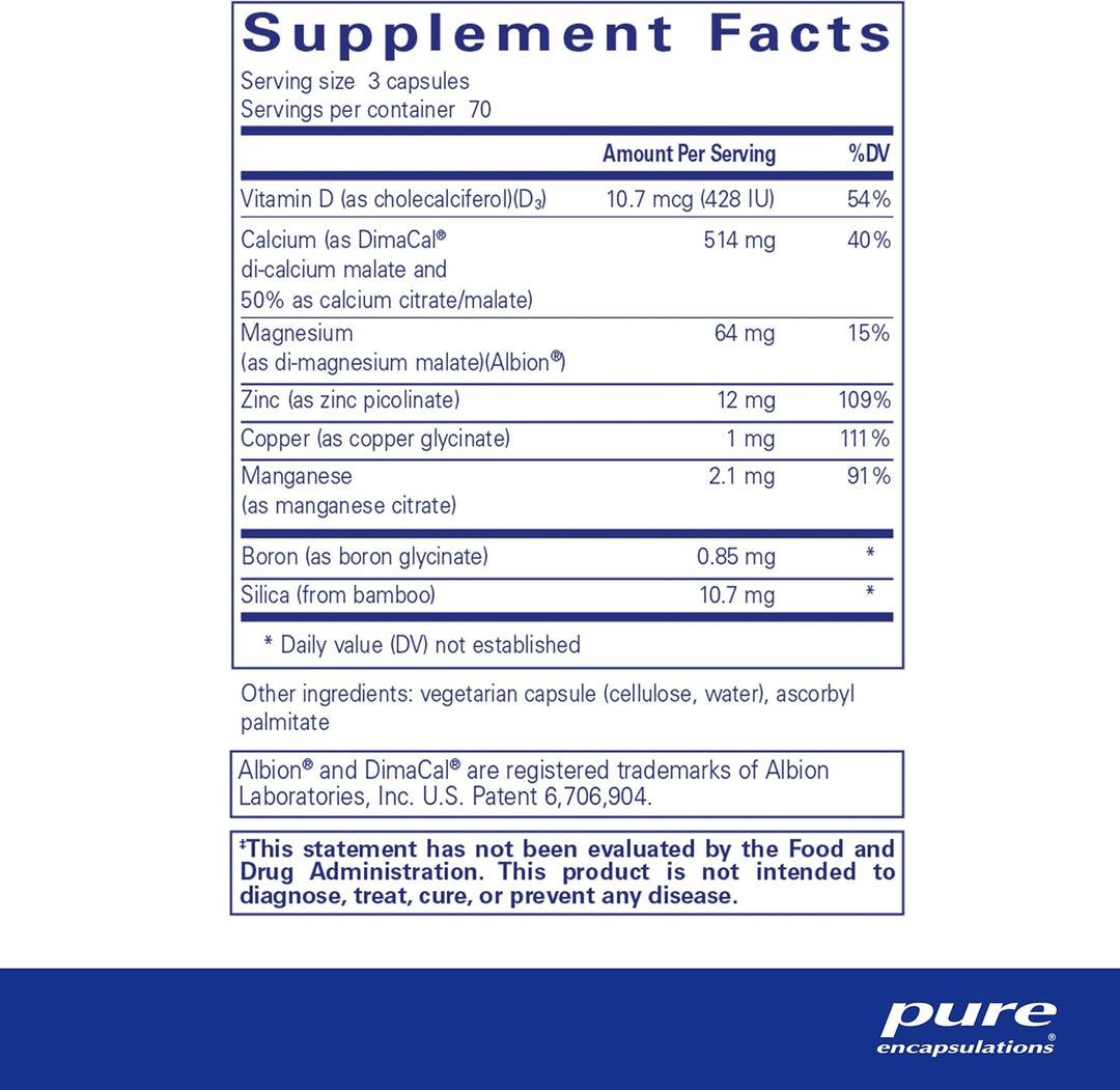 Pure Encapsulations OsteoBalance vegan bone support supplement with 210 capsules, featuring digestive enzyme formula for bone health.
