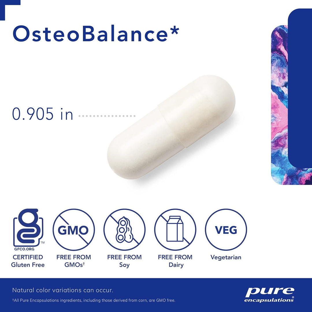 Pure Encapsulations OsteoBalance bone support vegan capsules, featuring digestive enzyme supplement for healthy bones.