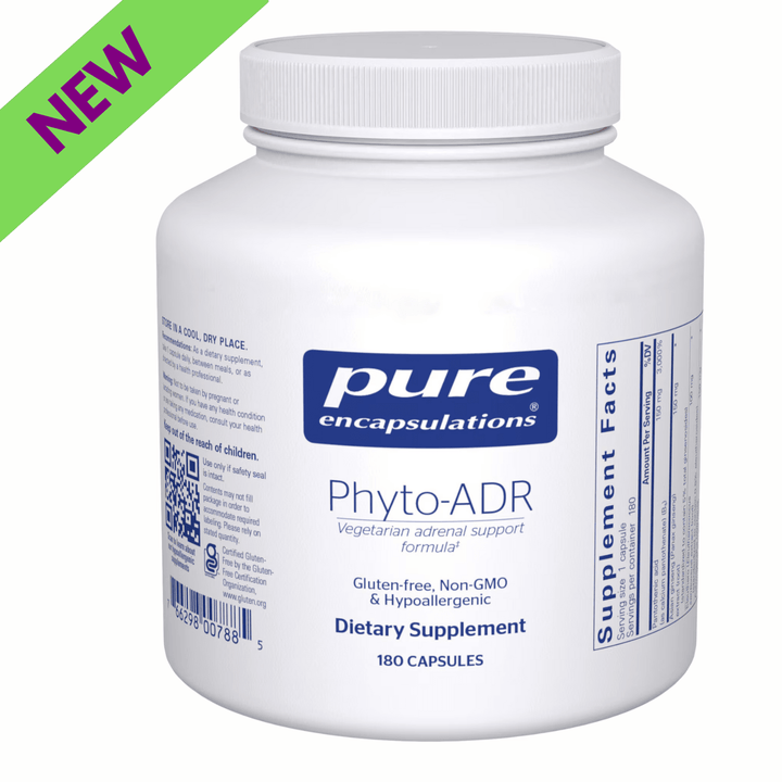 Pure Encapsulations Phyto-ADR adrenal support capsules, dietary supplement with digestive enzymes in a bottle of 180 capsules.