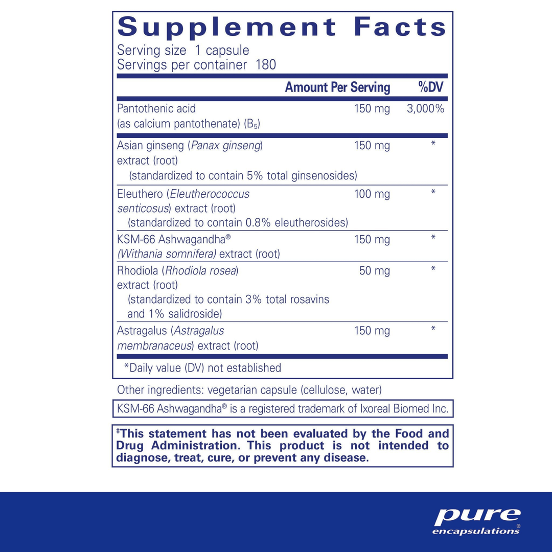 Pure Encapsulations Phyto-ADR adrenal support supplement in 180 capsules, featuring digestive enzyme blend for adrenal health.