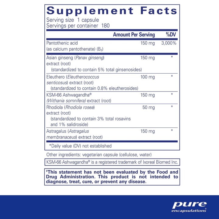 Pure Encapsulations Phyto-ADR adrenal support supplement in 180 capsules, featuring digestive enzyme blend for adrenal health.