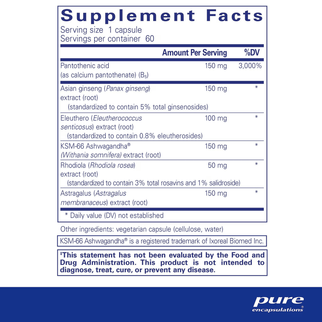 Pure Encapsulations Phyto-ADR adrenal support supplement in 60 capsules, featuring digestive enzyme blend for adrenal health.