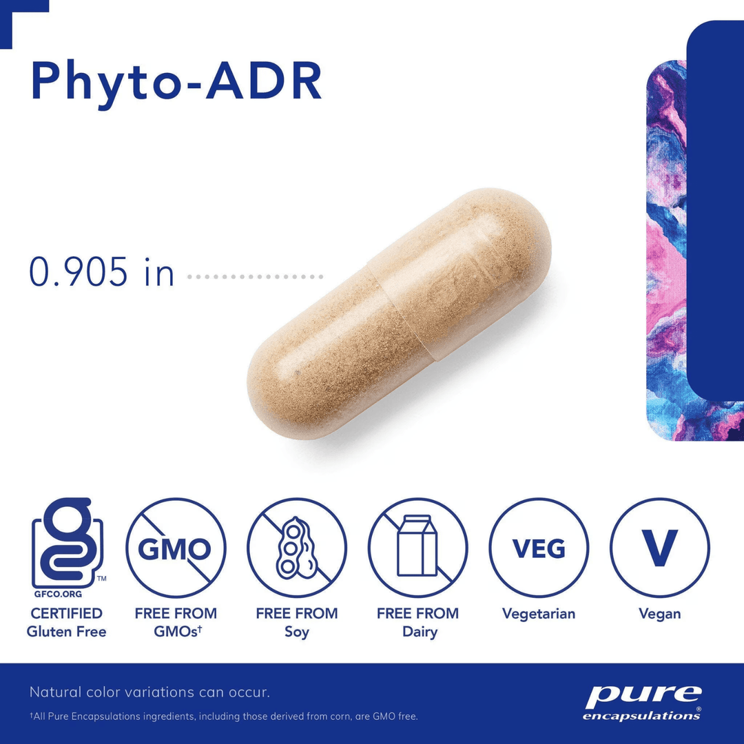 Pure Encapsulations Phyto-ADR adrenal support supplement in 60 capsules, featuring digestive enzyme blend for adrenal health.