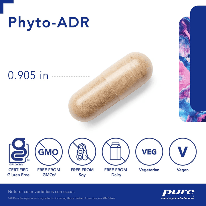 Pure Encapsulations Phyto-ADR adrenal support supplement in 60 capsules, featuring digestive enzyme blend for adrenal health.