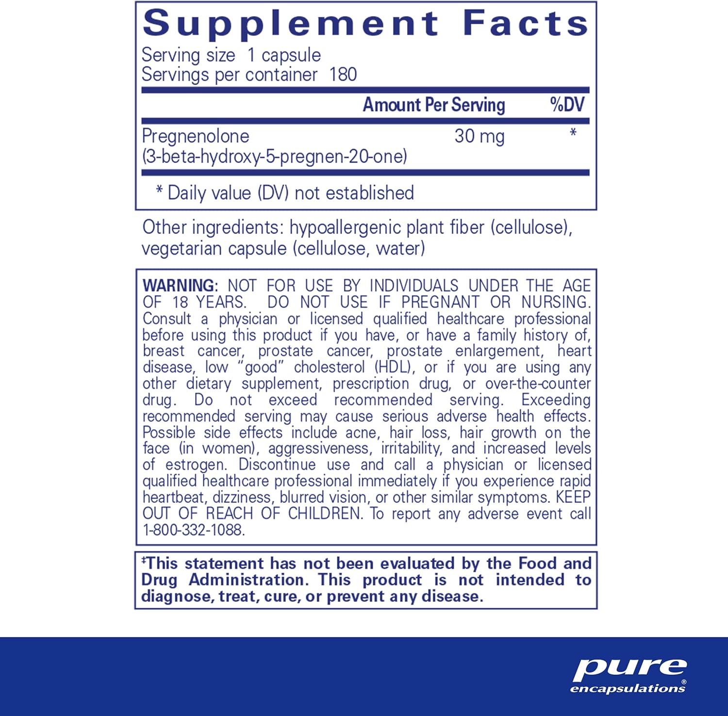 Pure Encapsulations Pregnenolone 30mg brain support vegan capsules, showing the supplement bottle with 180 capsules on a white background.