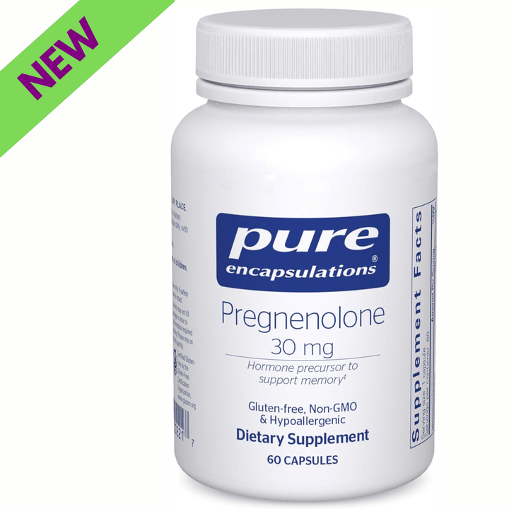 Pure Encapsulations Pregnenolone 30mg brain support vegan supplement capsules in a bottle, designed to promote cognitive health.