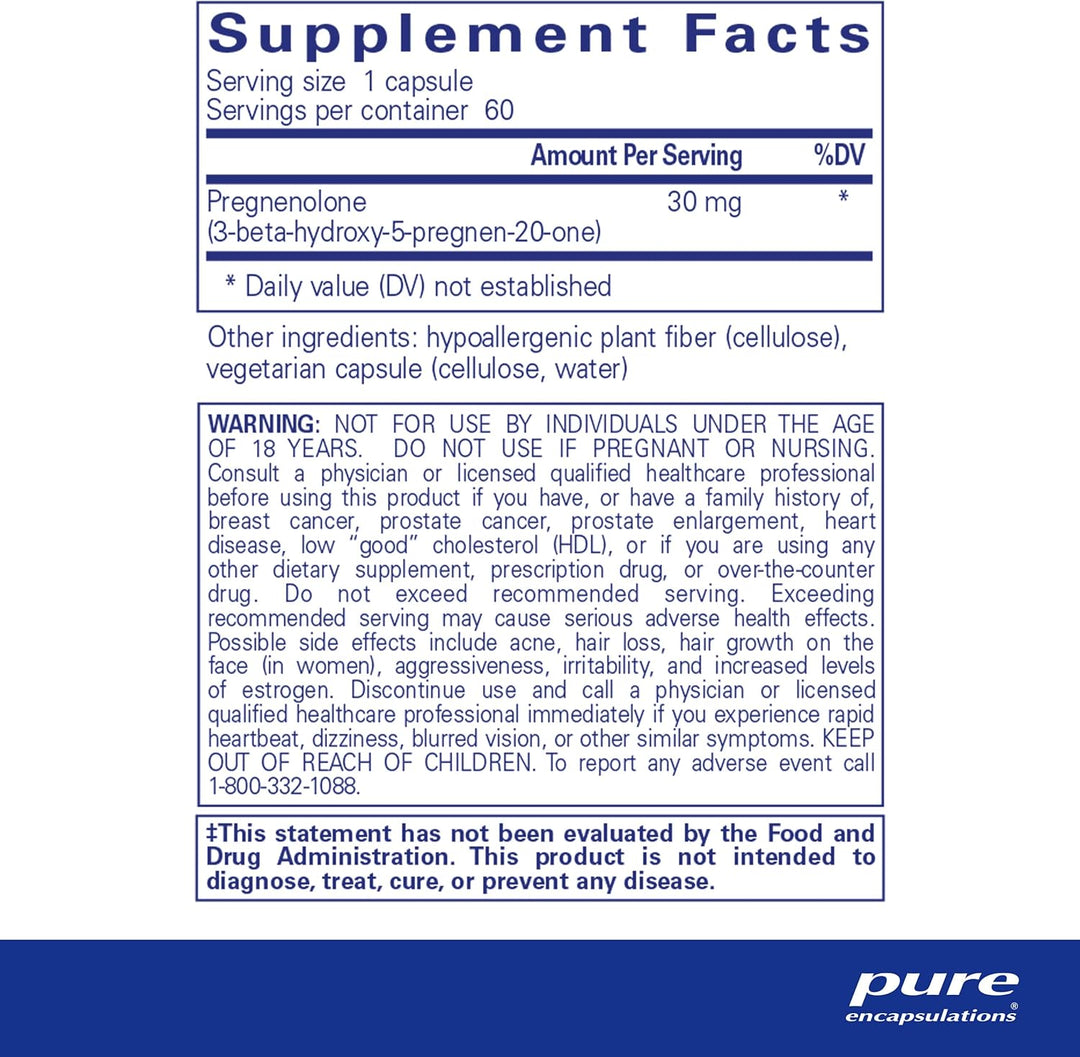 Pure Encapsulations Pregnenolone 30mg brain support vegan capsules, showing the supplement bottle with label and capsules inside.