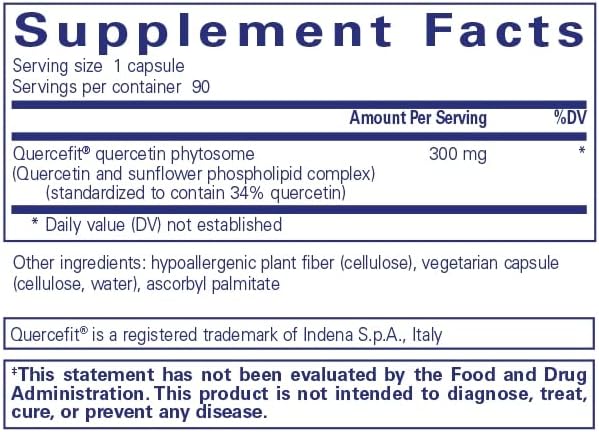 Pure Encapsulations Quercetin UltraSorb supplement bottle with 90 capsules, supporting immune health and containing digestive enzymes.