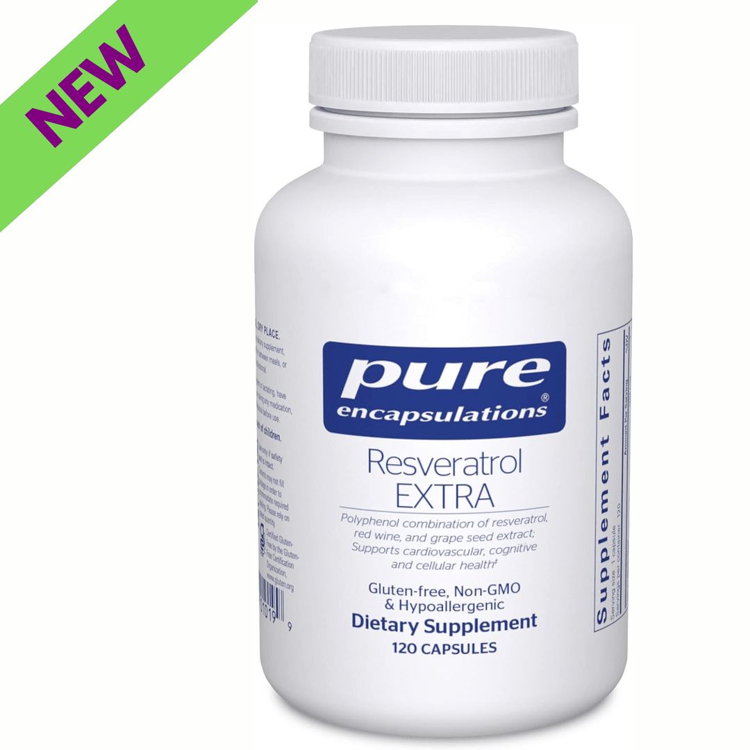 Pure Encapsulations Resveratrol EXTRA capsules, a dietary supplement supporting cellular health and digestion.