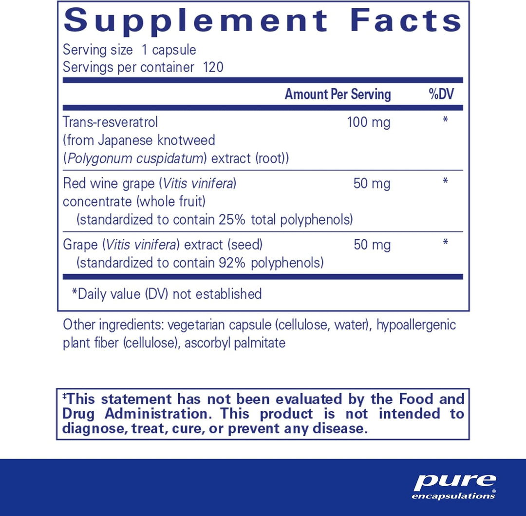 Pure Encapsulations Resveratrol EXTRA supplement bottle with 120 capsules, supporting cellular health and digestive enzyme health.