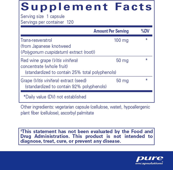 Pure Encapsulations Resveratrol EXTRA supplement bottle with 120 capsules, supporting cellular health and digestive enzyme health.