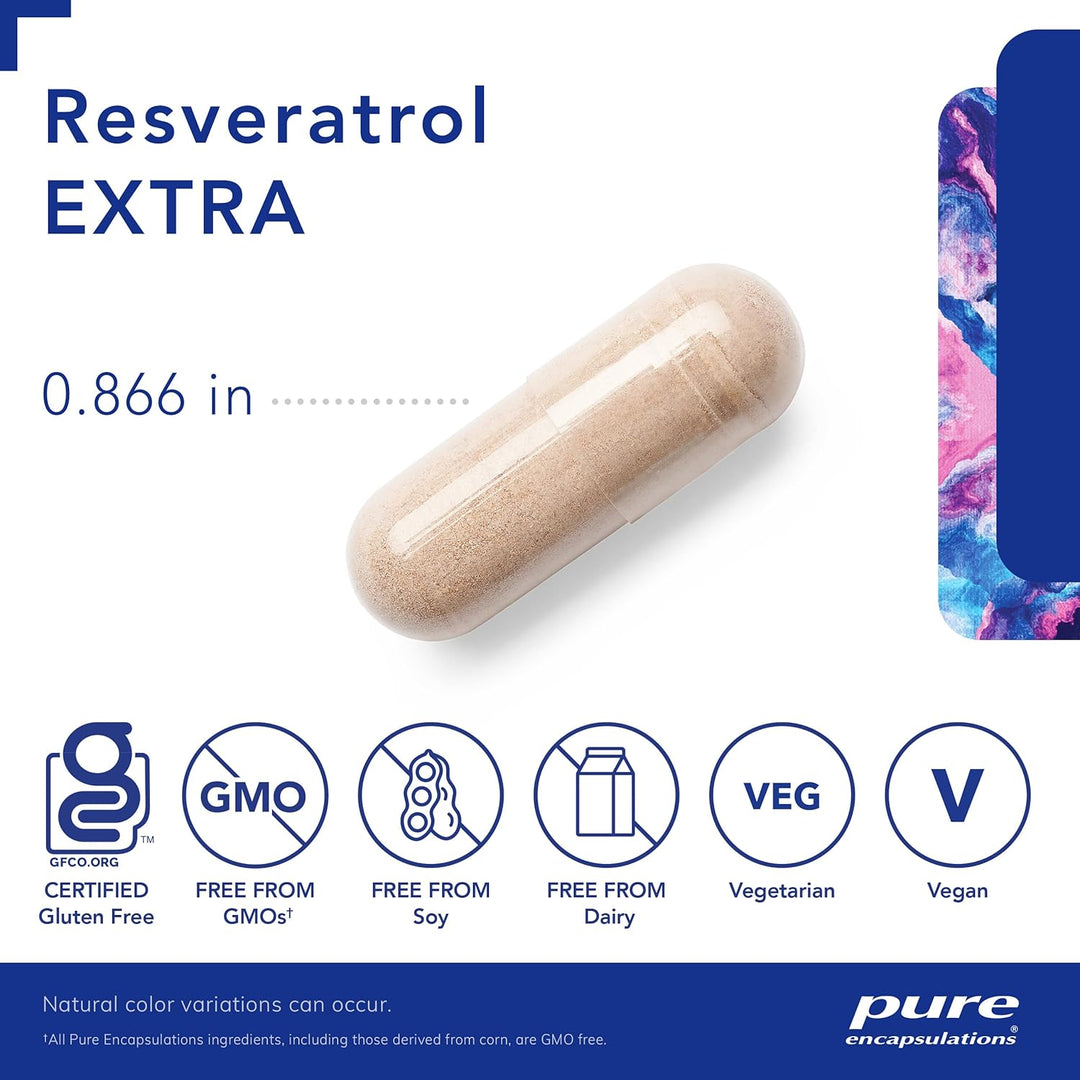Pure Encapsulations Resveratrol EXTRA supplement bottle with 120 capsules supporting cellular health and digestive wellness.