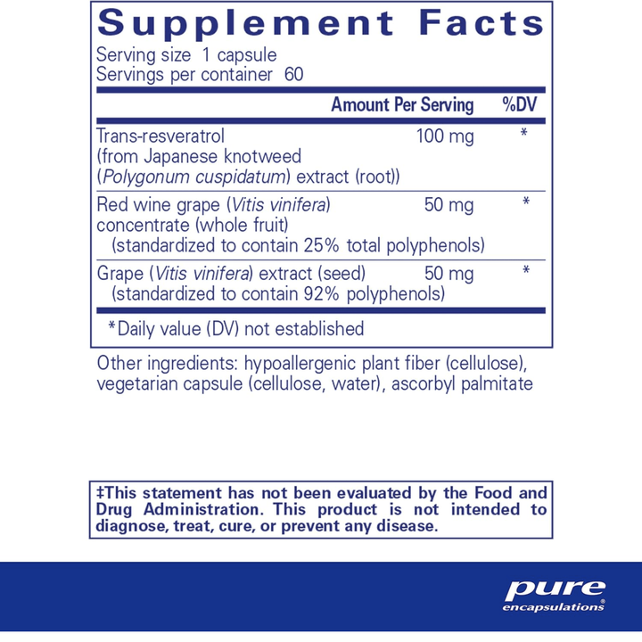 Pure Encapsulations Resveratrol EXTRA supplement with 60 capsules, supporting cellular health and digestive enzyme function.
