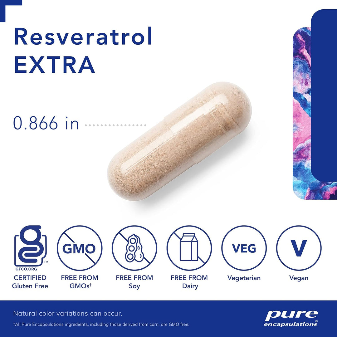 Pure Encapsulations Resveratrol EXTRA capsules supporting cellular health, shown in a bottle of 60 dietary supplement capsules.
