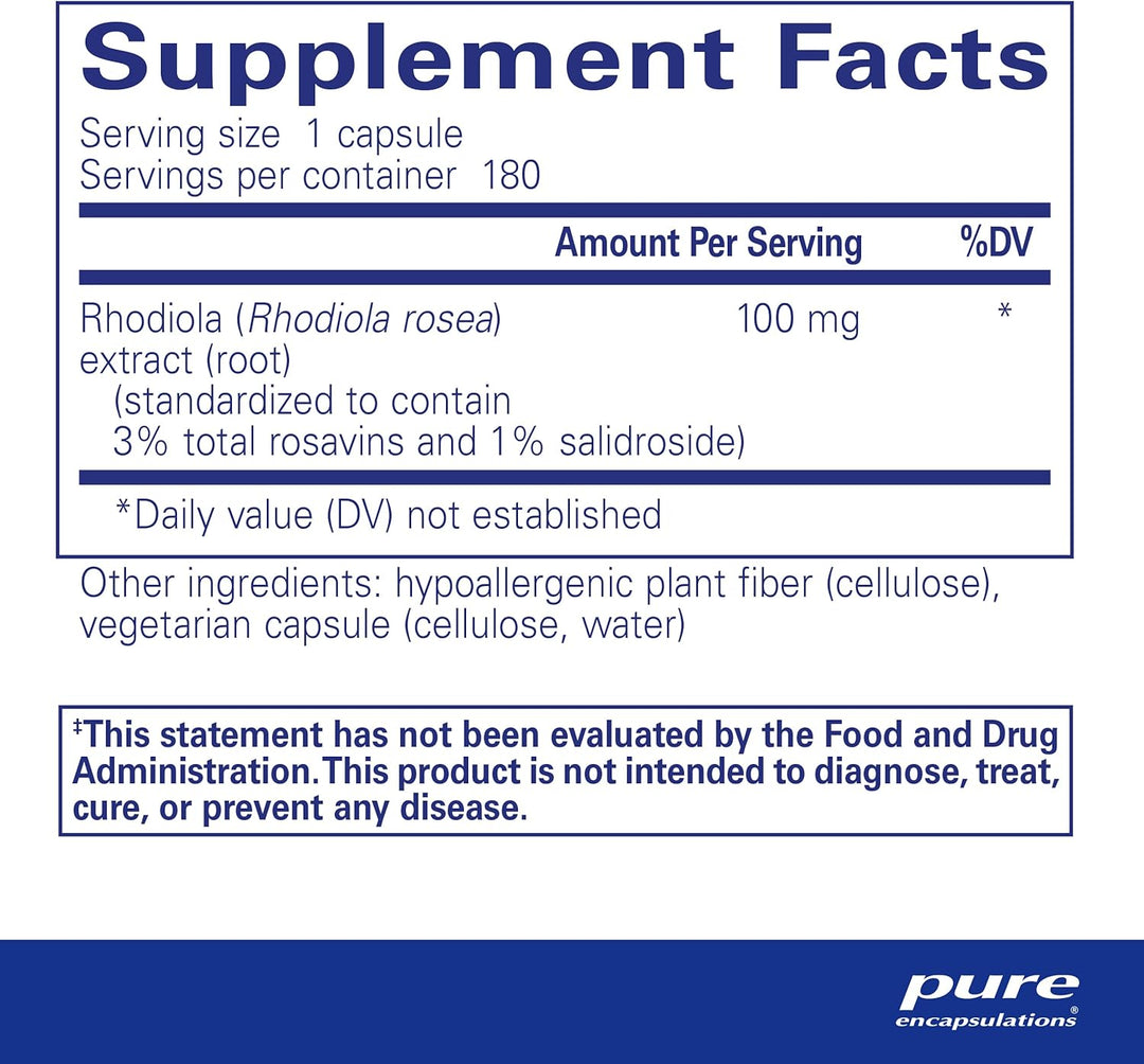 Pure Encapsulations Rhodiola Rosea supplement bottle with 180 capsules, supporting energy and endurance.