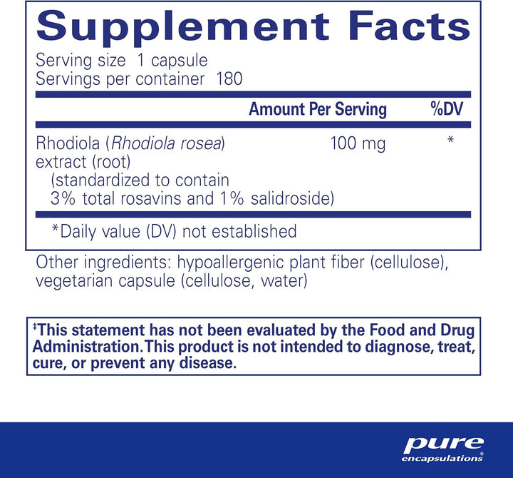 Pure Encapsulations Rhodiola Rosea supplement bottle with 180 capsules, supporting energy and endurance.