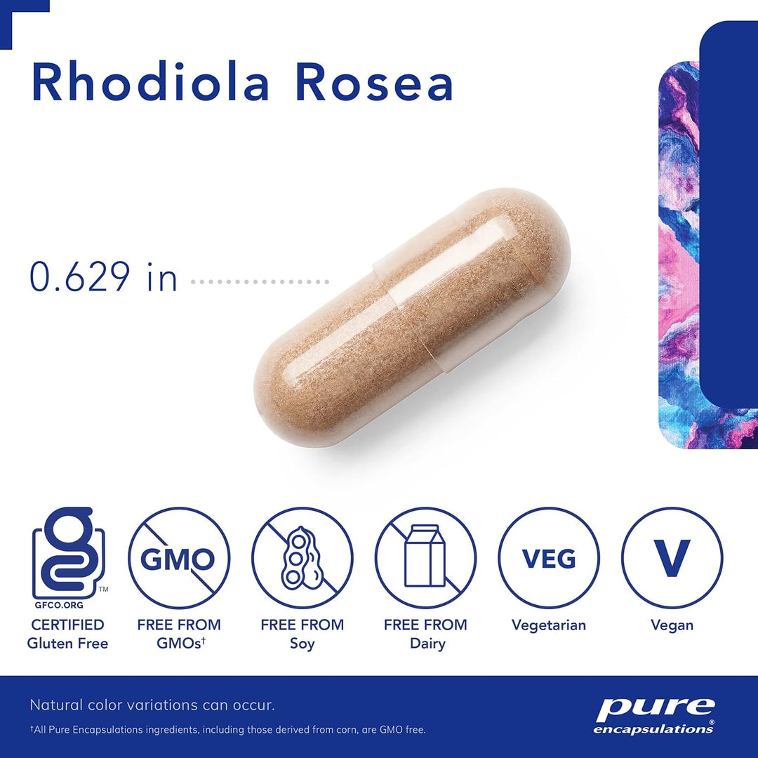 Pure Encapsulations Rhodiola Rosea supplement in 180 capsules, supporting energy and endurance with natural herbal extract.