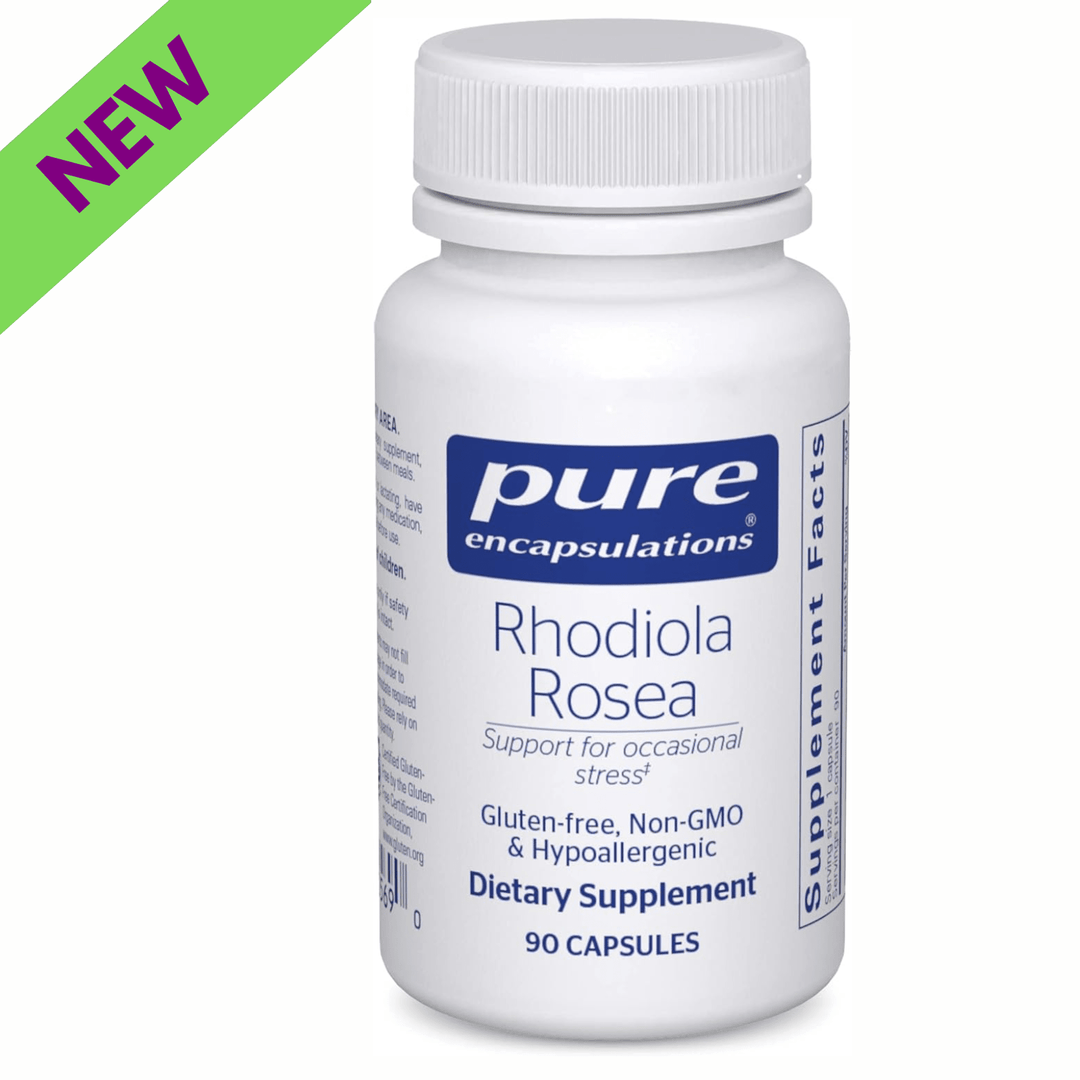 Pure Encapsulations Rhodiola Rosea capsules, a digestive enzyme supplement promoting energy and endurance in a 90-capsule bottle.