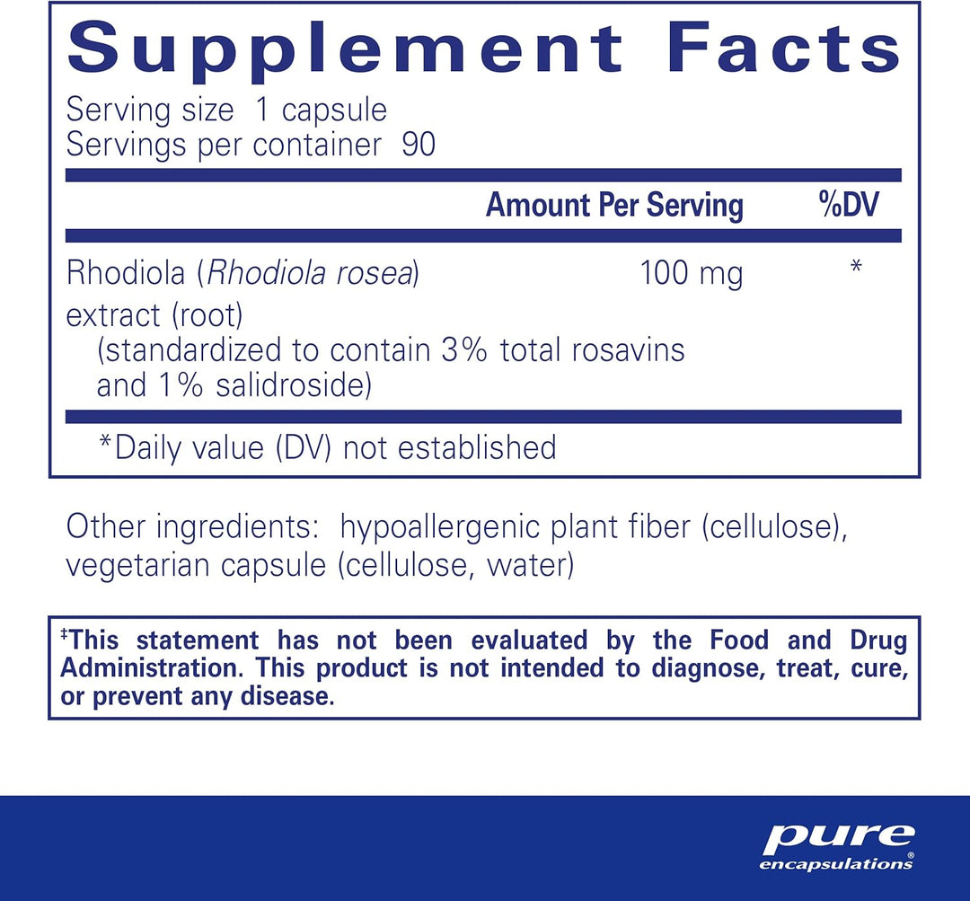 Pure Encapsulations Rhodiola Rosea supplement bottles showing 90 capsules, supports energy and endurance naturally.