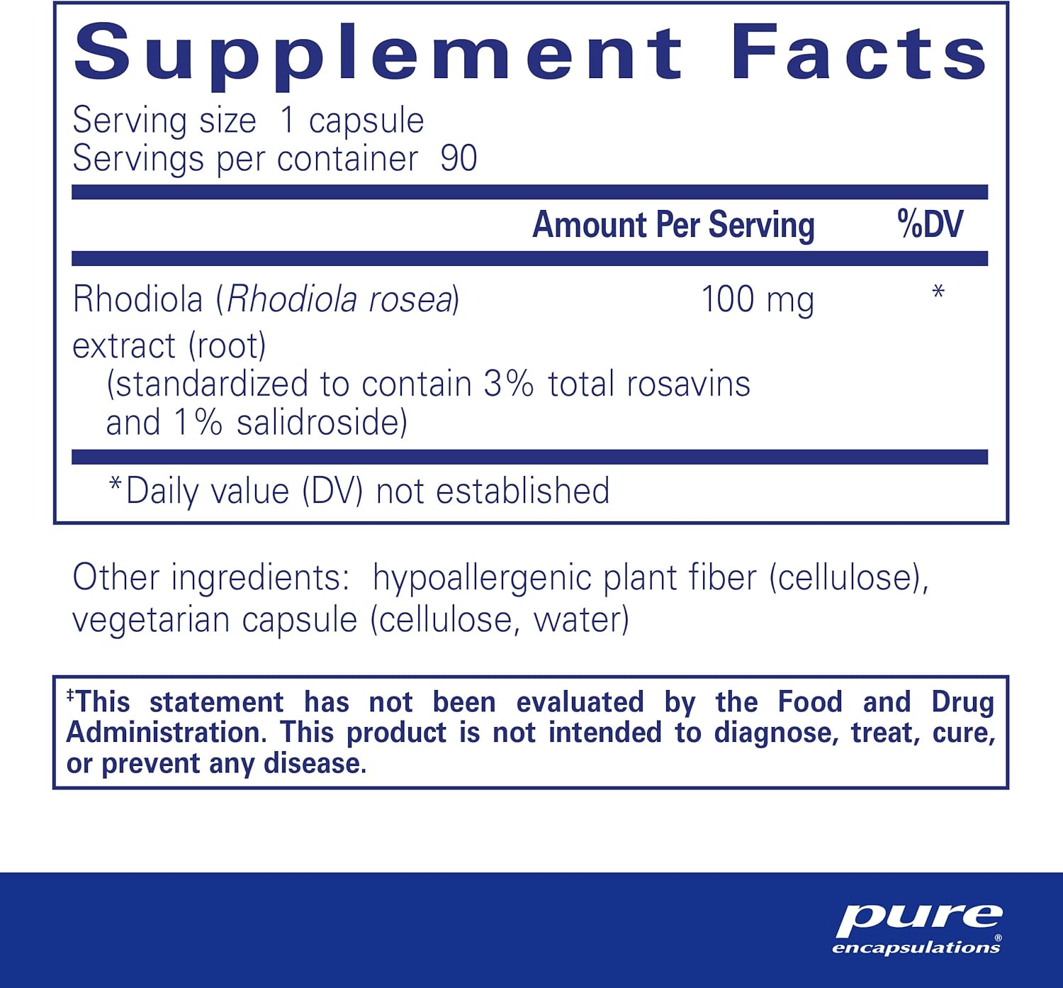 Pure Encapsulations Rhodiola Rosea supplement bottles showing 90 capsules, supports energy and endurance naturally.