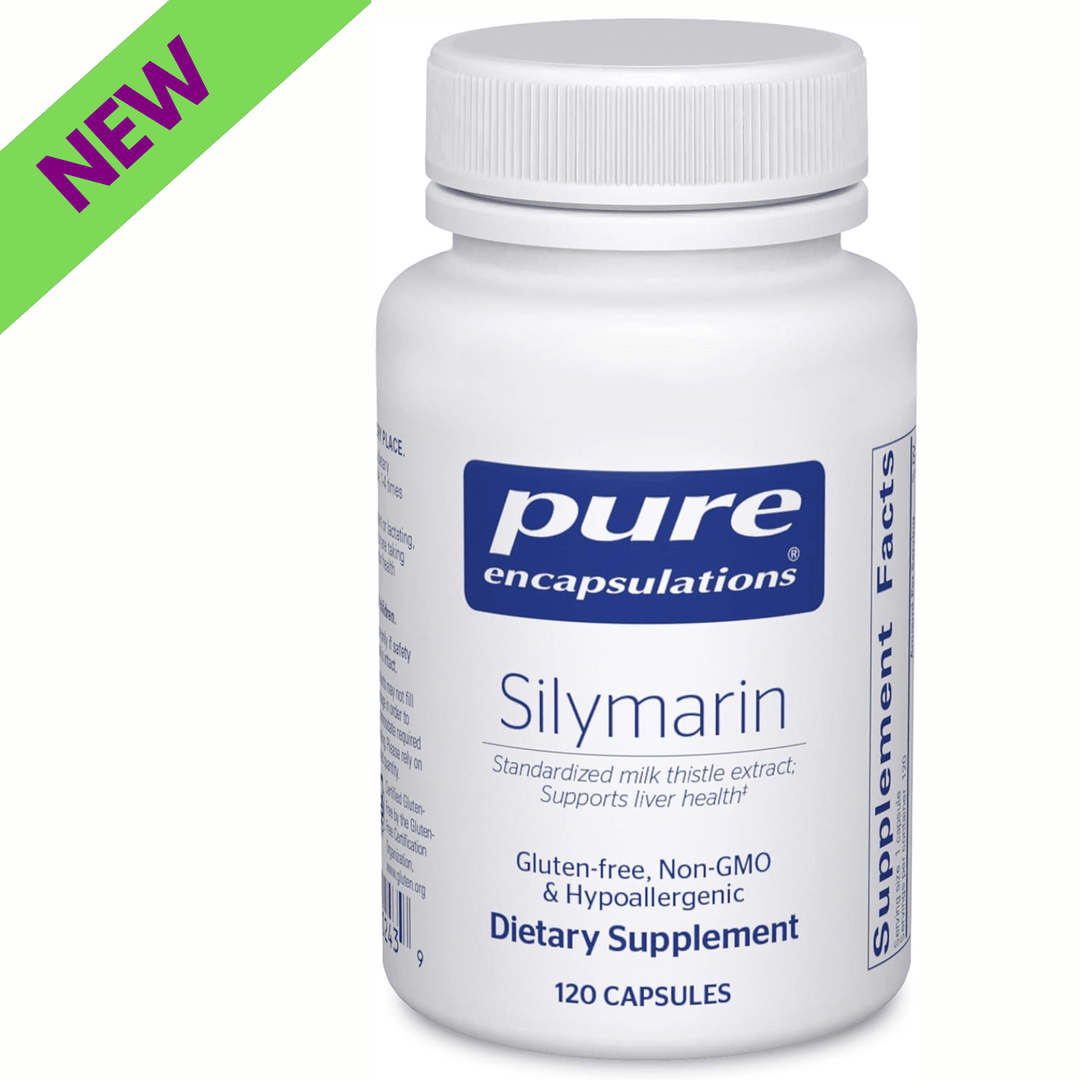 Pure Encapsulations Silymarin Milk Thistle liver support supplement capsules, digestive enzyme supplement in a bottle.