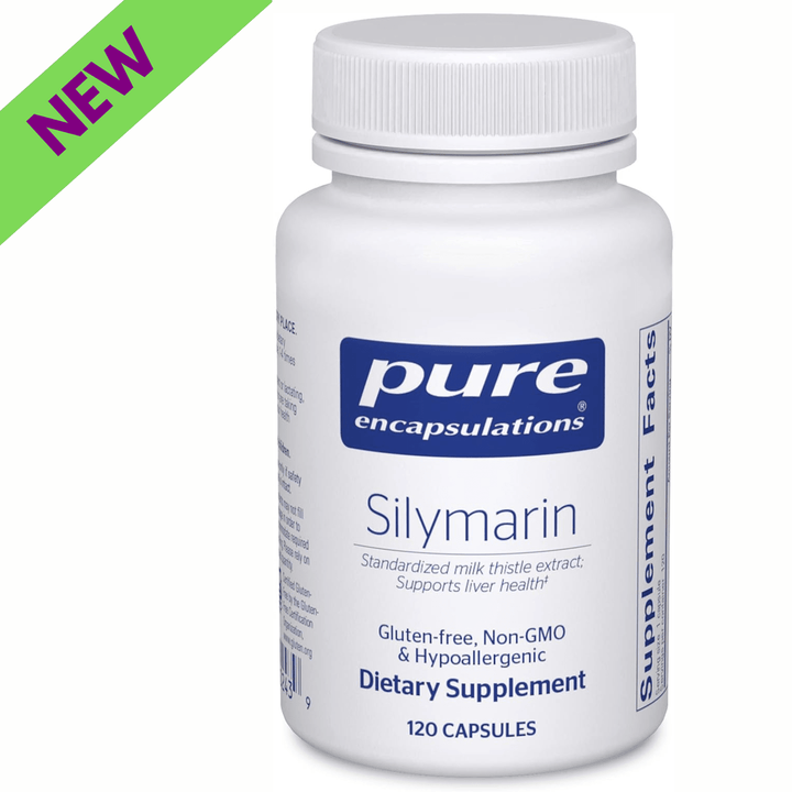 Pure Encapsulations Silymarin Milk Thistle liver support supplement capsules, digestive enzyme supplement in a bottle.